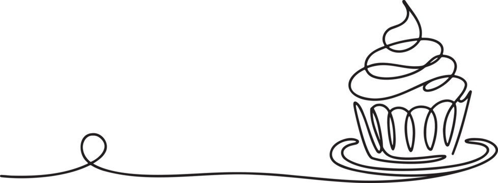 Continuous line drawing of sweet cupcake with swirled frosting on plate