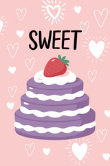 Purple Layer Cake with Strawberry and Sweet Text on Pink Hearts Background for Love and Birthday Concept