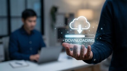 Man presenting cloud downloading concept with hand in modern office