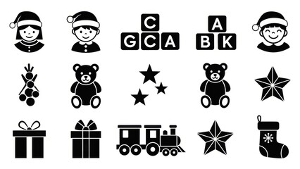 A collection of black and white Christmas-themed icons including children, toys, and festive symbols.