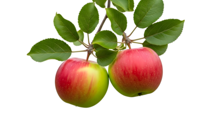 Two ripe red and green apples hanging on a branch with fresh green leaves
