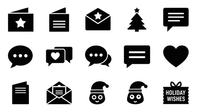 A collection of black and white holiday-themed icons including envelopes, cards, chat bubbles, a Christmas tree, and gift boxes. - Powered by Adobe