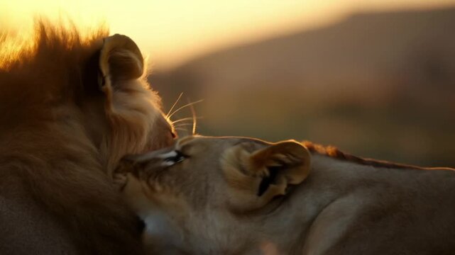 Male lion and lioness (panthera leo) nuzzling faces intimately in the golden hour savanna light with detailed fur and warm backlight, the concept of love and tenderness in the wild