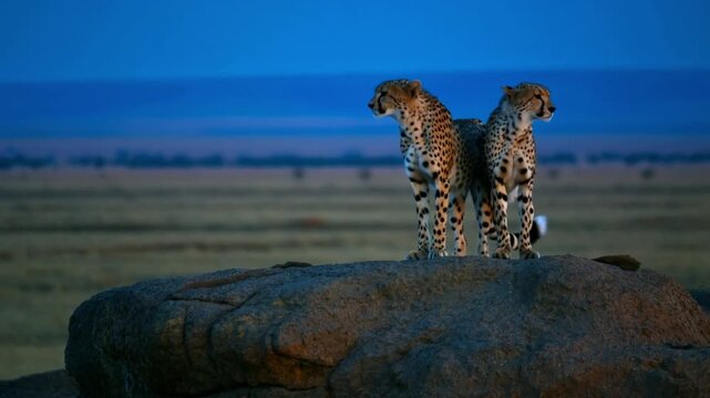 Two cheetahs standing close together on a rock overlooking the vast savanna at blue hour with wind in their fur, the concept of mutual support and vulnerable beauty in the wild world