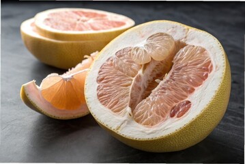A large ripe pomelo cut open to reveal pale pink juicy segments,