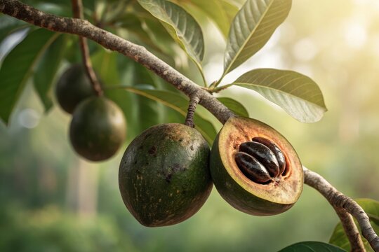 A hyper-realistic close-up of ripe black sapote hanging on a tree branch,