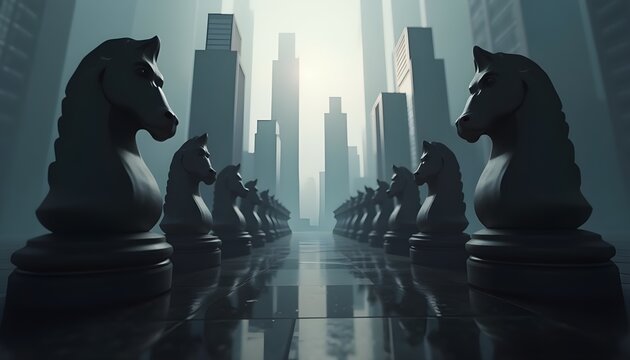 business abstract strategy concept with chess knights symbolizing leadership competition and corporate decision making in a modern city environment
