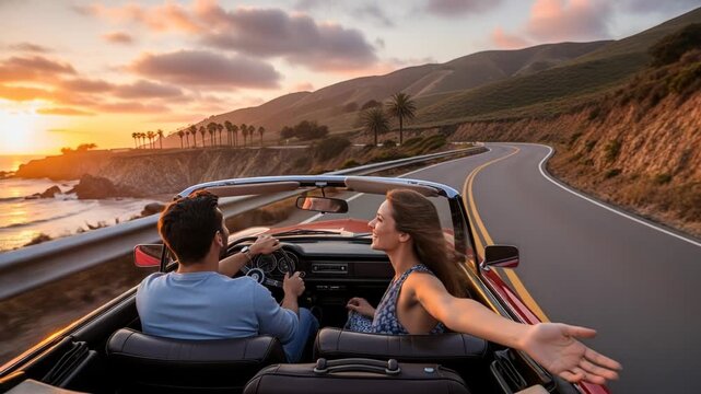 Couple enjoying a romantic drive in a convertible car by the ocean at sunset