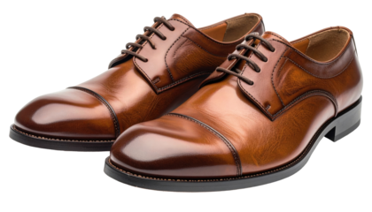 Pair of brown leather dress shoes, laced up, glossy surface, elegant design, isolated on a dark background