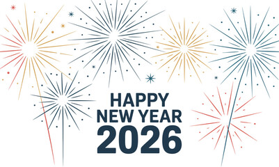 Happy new year 2026 celebration with colorful fireworks burst isolated on transparent background design element