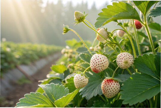 Botanical-style outdoor photo of pineberries on the plant