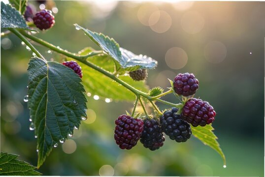 Close-up fresh Marionberries on the vine