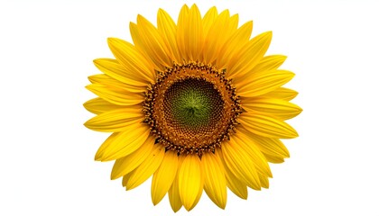 Fototapeta premium Isolated vibrant sunflower with radiating yellow petals and brown center on white