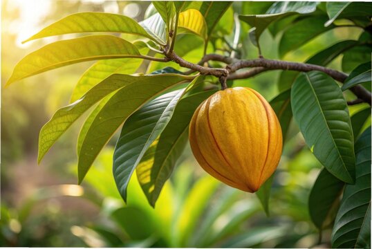 Close-up of a ripe Canistel (Eggfruit) on a tree branch,