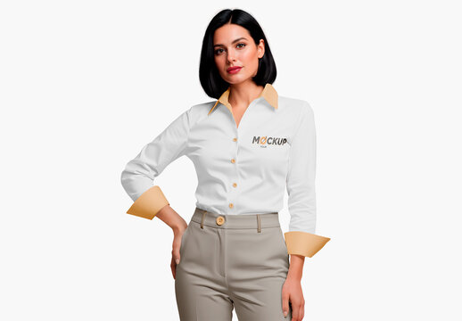 Elegant Female Wearing Crisp Collared Shirt Trousers Apparel Mockup
