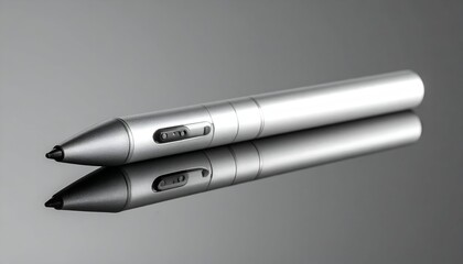 Sleek silver digital stylus with buttons, reflecting off a polished grey surface
