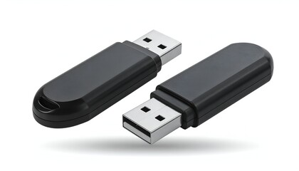 Two sleek, black, USB flash drives floating slightly, isolated on a white background
