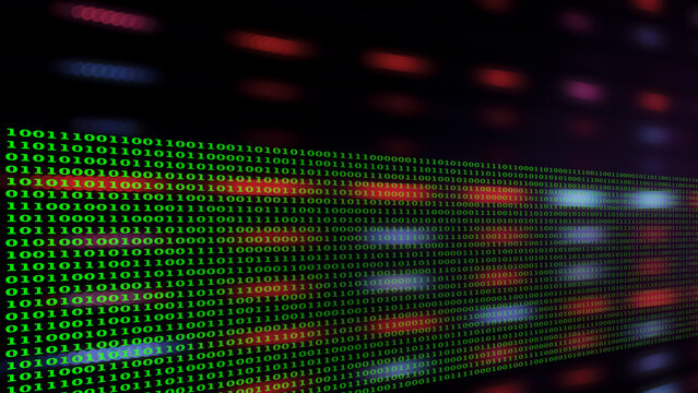 Half screen of green binary number system on blurred soft bokeh from LED lighting. Background for digital data transformation or Sci-Fi mystery concept. Copy space on 16:9 format.