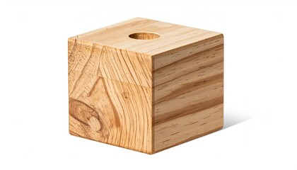 A close-up of a wooden cube with a round hole on the top, casting a shadow