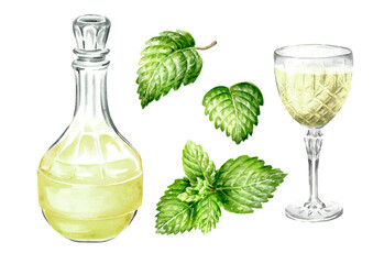 Glass decanter or flagon or carafe and crystal goblet of tasty homemade Mint drink, alcoholic beverage, liquor set. Hand drawn watercolor illustration isolated on white background