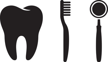 Tooth icon toothbrush icon and dental mirror medical tool for oral hygiene dentistry