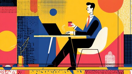 Modern Business illustration: A stylish businessperson focused, engrossed at a sleek laptop, holding a coffee cup, surrounded by an array of geometric shapes and bold hues