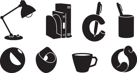 Modern office supplies and symbols in black