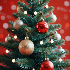 Fototapeta premium A festive green pine Christmas tree is adorned with red and gold glass ball ornaments and elegant decorations on fir branches for a beautiful winter holiday celebration during the Xmas season