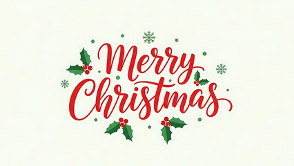 Festive Greeting Featuring "Merry Christmas" Calligraphy Surrounded by Holly Berries and Snowflakes