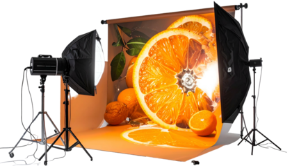 Still-life photography setup with oranges, a seamless backdrop, softboxes, and studio lighting equipment