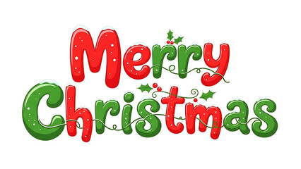 Fototapeta premium Merry Christmas festive typography with holly berries and twinkling lights on a white background, celebrating holiday cheer