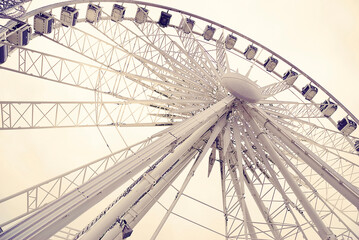 A Ferris Wheel gleams in the Luna Park, sunbeams casting joy across the lively fairground.