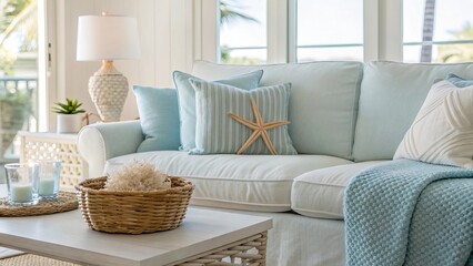 Coastal living room interior with airy layout, beach-inspired decor, relaxed seaside atmosphere, modern coastal house style
