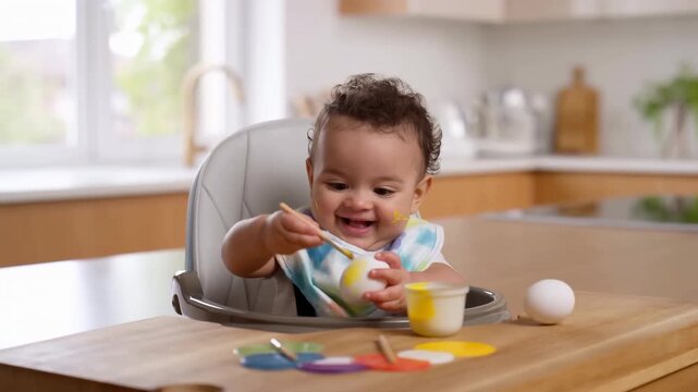 Adorable baby painting easter eggs in high chair