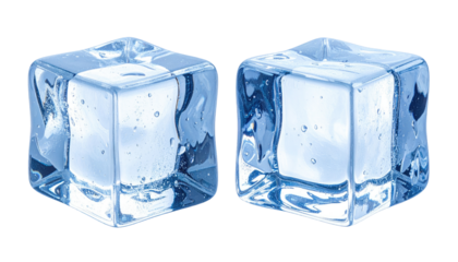 Two transparent ice cubes are positioned on a black background with visible internal bubble imperfections