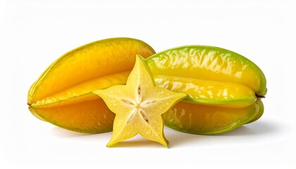 Two whole starfruit and a crosssection slice, perfect for food blogs, healthy eating articles, tropical fruit recipes, or nutrition infographics.