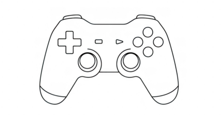 Black and white sketch of a video game controller with buttons and joysticks, isolated on transparent background