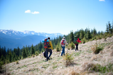Experienced hikers walking on a mountain trail. Group of friends equipped with hiking gear climbing the mountain. Scenery of snowy mountains.