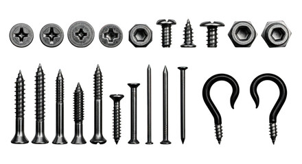 A collection of various types of screws, bolts, nails, and fasteners in black and white illustration style isolated on transparent background