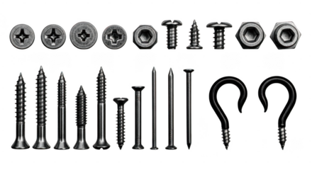 A collection of various types of screws, bolts, nails, and fasteners in black and white illustration style isolated on transparent background