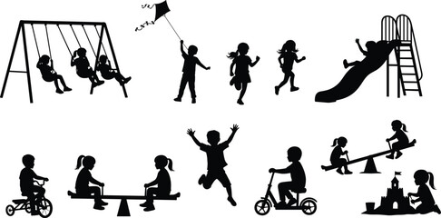 Children playground silhouette set, kids playing on swing, slide, seesaw, riding bike, flying kite, sandcastle, childhood fun, isolated vector, icons