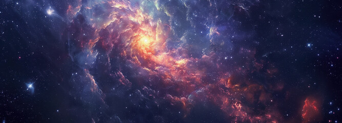 Fototapeta premium Celestial Tapestry: A mesmerizing cosmic display unfolds, showcasing a vibrant nebula. Witness the dance of light and color amidst the vast expanse, hinting at the universe's infinite wonders.