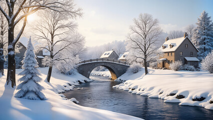 A magical winter wonderland scene in a snow-covered European village at dusk. The glowing snow and festive lights reflect on a tranquil river and a cobblestone street. Cozy, holiday atmosphere.