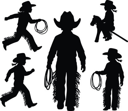 Cowboy kids silhouette set, playful poses, lasso and stick horse, black vector, isolated, stock illustration, western theme