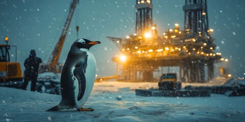 Obraz premium Gentoo penguin standing in snowy landscape with oil rig in background