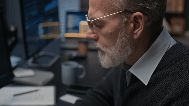 Arc shot of adult Caucasian male software developer coding late at night in office environment focusing on computer screen and writing program code under low light conditions