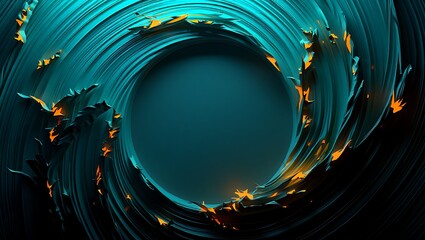 Luxury Abstract Circular Fluid Art with Teal Swirling Waves and Golden Accents