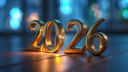 Luxury New Year 2026 Celebration with Glowing Gold Numbers and Blue Bokeh Lights