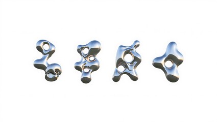 Set of Five Abstract Organic 3D Metallic Chrome Sculptures with Fluid Flowing Shapes Holes and Irregular Forms on Clean White Background
