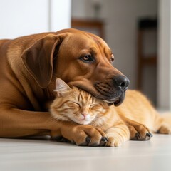 Obraz premium Dog and cat sharing a tender moment